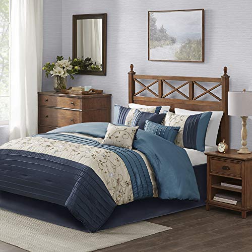 Madison Park - MP10-3450 Serene Comforter Reversible Solid Faux Silk Floral Flower Embroidered Pleated Stripes Patchwork Soft Down Alternative Hypoallergenic All Season Bedding-Set, King, Navy - color: Navy, size: King
