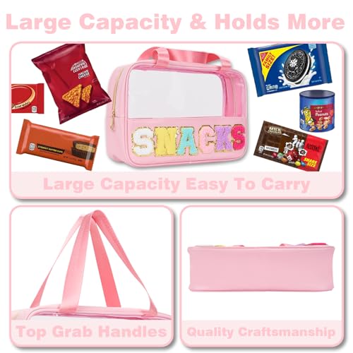 Snack Bag Clear Chenille Varsity Letter Zipper Pouch for Travel Preppy Cosmetic Bag Clear Cosmetic Bag Makeup Travel Bag for Women - color: Pink