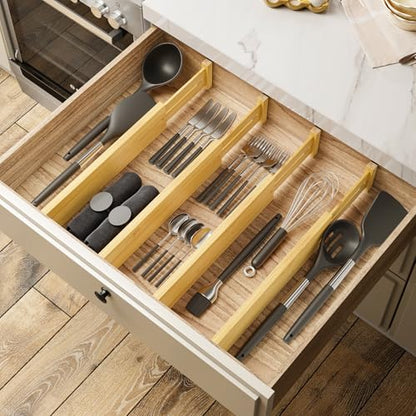 BAMEOS Bamboo Expandable Drawer Dividers – Fits 13.3"–19" Drawers, 3" Deep Walls, Set of 4 | Spring-Loaded Separator for Deep Kitchen & Bathroom Drawers, Prevents Items Falling Over - size: 3''H, 13.3''-19''L