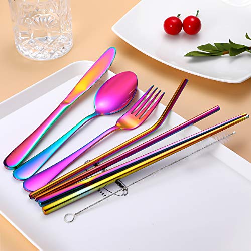 Travel Utensils,Reusable Silverware Set To Go Portable Cutlery Set with a Waterproof Carrying Case for Lunch Boxes Workplace Camping Picnic (Rainbow) - color: Rainbow
