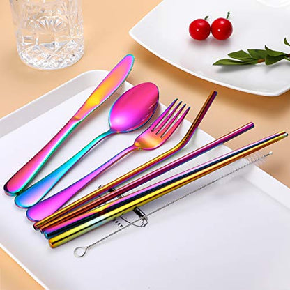 Travel Utensils,Reusable Silverware Set To Go Portable Cutlery Set with a Waterproof Carrying Case for Lunch Boxes Workplace Camping Picnic (Rainbow) - color: Rainbow
