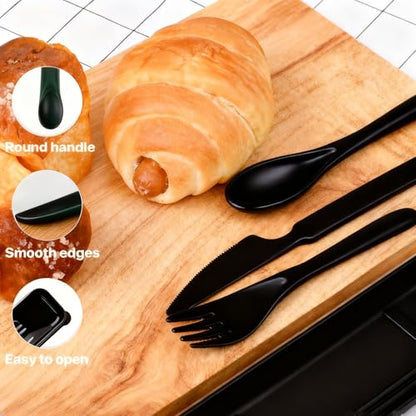 Travel Utensils with Case, Camping Utensil Sets, Wheat Straw Portable Knife Fork Spoons Tableware, Reusable Utensils for Lunch Box (Black) - color: Black