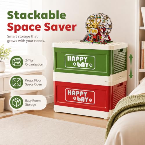 21L 22 Qt Folding Storage Box with Large Building Block Lid, Collapsible Toy Organizer Compatible with Duplo Blocks, Push Pull Storage Bin with Quiet Wheels(2pc-red+green) - color: Red+Green