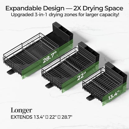 Large Dish Drying Rack, Expandable Dish Rack, Stainless Steel Dish Racks for Kitchen Counter, Multifunctional Dish Drainer with Utensil & Cup Holder, 13.4"-28.7" L x 11.8" W, Black - color: Black, size: 1 Tier