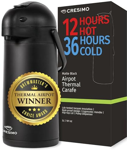 Airpot Coffee Carafe Dispenser with Pump, Black | 12 Hours Hot Water Retention, 36 Hours Cold Retention, Thermal Carafe for Hot Drinks, One-Handed Dispensing - color: Black, size: 102 Ounces