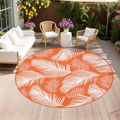 Pauwer Waterproof Outdoor Rug 8ft, Reversible Plastic Straw Patio Camping Rug, Indoor Outdoor RV Mat Carpet for Deck, Camper, Porch, Balcony, Backyard, Picnic, Leaf Orange - color: Leaf Orange, size: 8' (Round)
