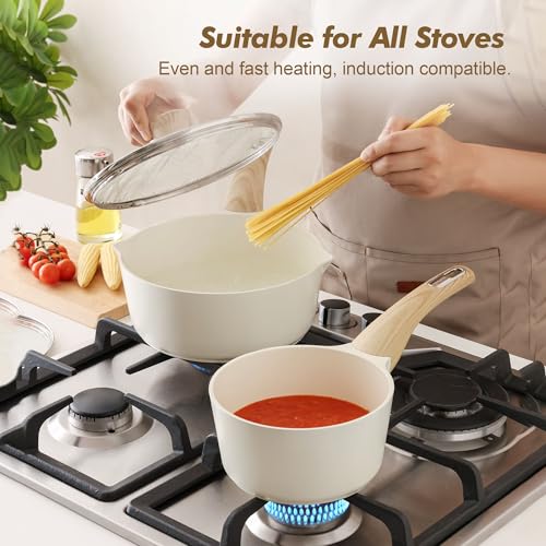 SENSARTE 2.0 & 3.0 Quart Ceramic Sauce Pan Sets with Lid, Cooking Pots Set, Nonstick Saucepan Set with Pour Spout, Small Kitchen Pot, Non toxic Saucepot, Induction Comptable, PFOA PTFE PFAS Free - color: Ceramic White, size: 2.0 + 3.0 Quarts