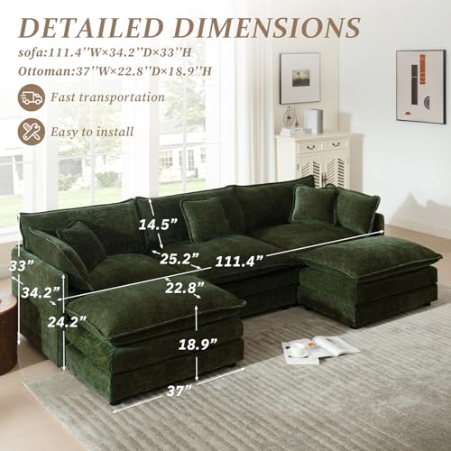 SoarFlash Chenille Sectional Sofa, Comfy L Shaped Modular Coush Sofa with Ottoman, Modern 3 Seat Couch Deep Seat Sofa Set for Living Room,Green - color: Green, size: 3 Seat+2 Ottoman