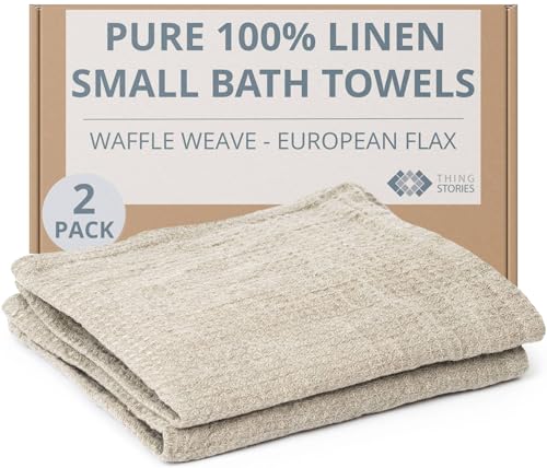 Pure Linen Small Bath Towels - Set of 2 pcs 20x40-inch Quick Dry Towels for Sensitive Skin - Thin Towels for Bathroom - Lightweight Waffle Weave Towel for Kids - color: Natural Linen, size: Small Bath Towels 2-pack