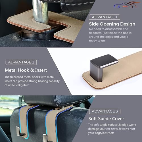 Amooca Car Seat Back Hook Universal Auto Storage Hanger Suede with Metal Car Seat Organizer for Handbag Purse Coat Umbrellas Grocery Bags 2 Pack Beige - color: Beige