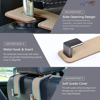 Amooca Car Seat Back Hook Universal Auto Storage Hanger Suede with Metal Car Seat Organizer for Handbag Purse Coat Umbrellas Grocery Bags 2 Pack Beige - color: Beige