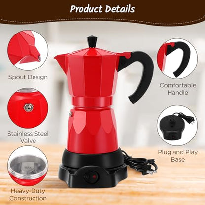 Coffee Pot 6 Cup Electric Espresso Coffee Maker Italian Moka Maker 300ml Portable Aluminum Espresso Machine Cafetera Moka Pot with Detachable Base, Gift for Home Travel(Red) - color: Red