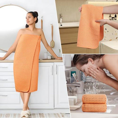 POLYTE 430 GSM Microfiber Quick Dry Lint Free Oversize Bath Towel Set, 6 Piece (Waffle Weave) - color: Orange