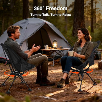 Trakiom 360° Swivel Folding Camping Chairs, Compact and Portable Chair for Outdoor Camp, Foldable Chairs with Anti-Sinking Large Feet for Travel, Beach, Picnic, Sports, Fishing Support 300 LBS(Black)