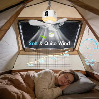 Portable Ceiling Fan with Lights Remote,USB Rechargeable Camping Fan,9.25" Wireless Tent Fan with 4 Speeds,Timer,Battery-Powered Ceiling Fan for RV,Truck,Rooftop Tent,Travel,Camping (White(B)) - color: White(B)