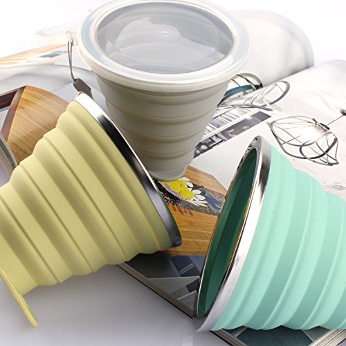 ME.FAN Silicone Collapsible Travel Cup - Silicone Folding Camping Cup with Lids - Expandable Drinking Cup Set - Portable, Graduated [9.22oz] - color: 4 Pack-Powderblue-Light Gray-Yellow Green-Light Brown