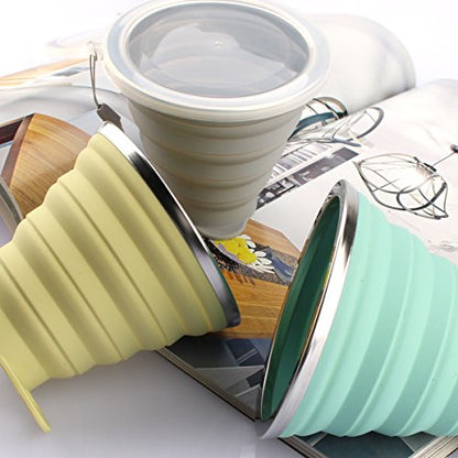 ME.FAN Silicone Collapsible Travel Cup - Silicone Folding Camping Cup with Lids - Expandable Drinking Cup Set - Portable, Graduated [9.22oz] - color: 4 Pack-Powderblue-Light Gray-Yellow Green-Light Brown