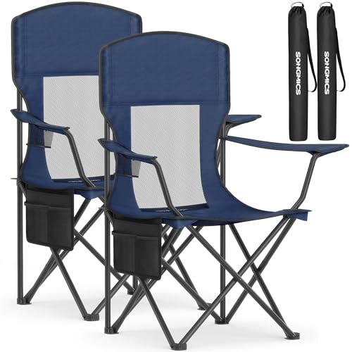 SONGMICS 2 Pack Breathable Camping Chairs, 330 lb Capacity Foldable Outdoor Chairs, High Back, Adjustable Armrests & Cup Holder, for Sports Garden Backyard, Harbor Blue UGCB028Q01 - color: Blue, style: 2PC (20.3"D x 34"W x 38.2"H)