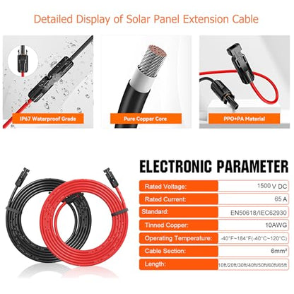 10AWG Solar Extension Cable 20Ft Red & Black, Both End with Universal Solar Connectors Plug & Play | Weatherproof PV Wire for RV, Boat, Off-Grid Systems