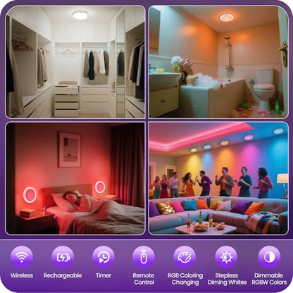 Motion Sensor Rechargeable Shower Light for Inside Shower with Remote, RGBW Battery Operated Ceiling Light, Wireless, Color-Changing Ambient Light, Warm-to-Cool Whites, Dimmable, Timer, Magnetic - style: RGB Color & White
