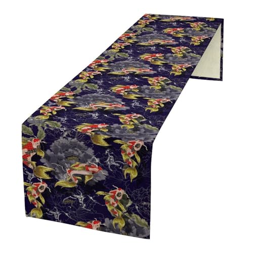 Japanese Table Runner Colorful Koi Purple Background Decor for Indoor Outdoor Party Dinner Festival Farmhouse Holiday Dining Room Home Kitchen Restaurant, 13x36in - color: Koi-purple, size: 13x36in