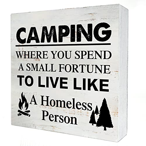 Camping Where You Spend a Small Fortune Wooden Box Sign - 5 x 5 Inch Desk Decor for Travel Trailer Camper - Rustic Wood Block Decor