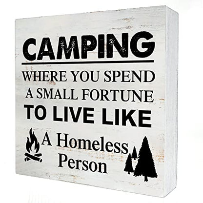 Camping Where You Spend a Small Fortune Wooden Box Sign - 5 x 5 Inch Desk Decor for Travel Trailer Camper - Rustic Wood Block Decor