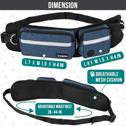 PetAmi Hands Free Dog Leash Belt Bag for Walking, Jogging - Double Zipper Pouch with Poop Bag Dispenser, Dual Padded Handles Reflective Bungee Leash, Single (Navy) - color: Navy, size: 1 Leash