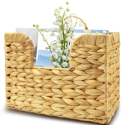 Woven Hanging Magazine Holder, Water Hyacinth Mail Basket Wall Mounted Magazine Basket Rack with Handle for Book, Files Bathroom, Home, Office - 11.75 X 4.2 X8 Inch