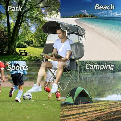 Camping Chair with Canopy - Beach Chair with Shade for Outdoor Use, Adjustable Sunshade, Cup Holder, Side Pockets - Heavy Duty Folding Chair Supports 330 lbs (Navy) - color: Navy