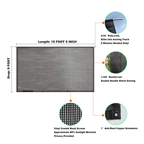 Shadeidea RV Awning Sun Shade Screen - 9' X 15' 5'' (Fit for 16' Awning)- Black Mesh Sunshade Motorhome Camping Trailer Awning Screenshade UV Sunblocker Canopy Sunscreen - 3 Year Warranty - size: 9' 0'' x 15' 5'' -Actual Measurement
