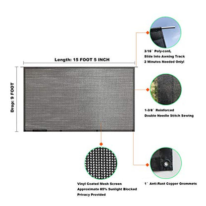 Shadeidea RV Awning Sun Shade Screen - 9' X 15' 5'' (Fit for 16' Awning)- Black Mesh Sunshade Motorhome Camping Trailer Awning Screenshade UV Sunblocker Canopy Sunscreen - 3 Year Warranty - size: 9' 0'' x 15' 5'' -Actual Measurement