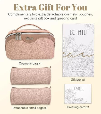 BOYATU Travel Makeup Bags Cosmetic Organizer Bag: 3-Set Large Capacity Make up Bag - PU Leather Toiletry Bags for Women - Wide Open Portable Pouch with Divider & Handle (A-Light Pink) - color: A-Light Pink
