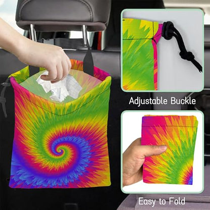 Rainbow Tie Dye Car Garbage Bag,Waterproof Small Car Trash Bag Hanging Back of Seat,Drawstring Hanging Car Trash Bag with Adjustable Buckle for Car Accessories - color: Rainbow Tie Dye