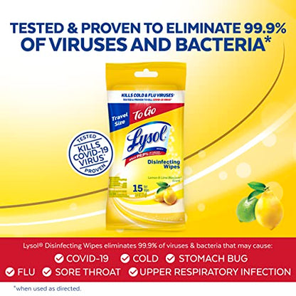 Lysol Disinfecting Wipes To-Go Pack, Lemon Scent, 15 Count (Pack of 3)