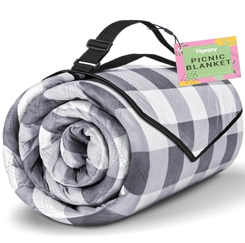 TigeJoy Extra Large Picnic Blanket Waterproof Foldable 60''x80'', Outdoor Picnic Mat Beach Blanket Sandproof for Park, Grass, Travel, Hiking, Camping Essentials, Gingham Picnic Blanket - color: Grey, size: 6'8" x 5' (Rectangular)