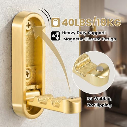 2PCS Foldable Wall Hooks, Flip Down Design with 40 lbs Heavy-Duty Capacity, Retractable Wall Hooks for Bathroom, Bedroom & Entryway Space Saving (Gold) - color: Gold, size: 2 Hooks