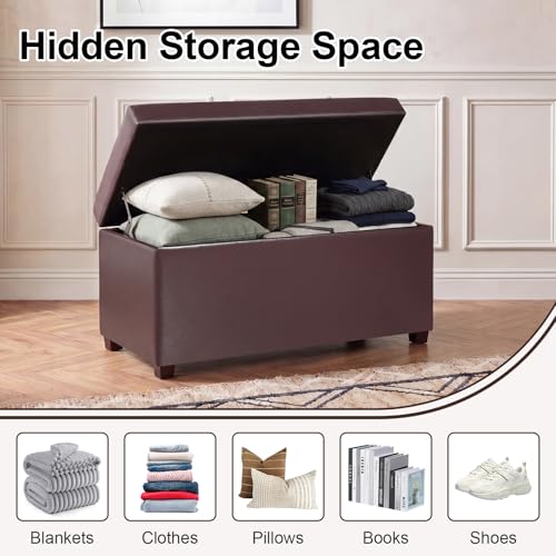 Asense Storage Ottoman Bench,Faux Leather Upholstered Ottoman with Storage,End of Bed Bench with Safety Hinge Wooden Legs,for Entryway,Bedroom,Living Room - color: 37" Dark Chocolate Faux Leather