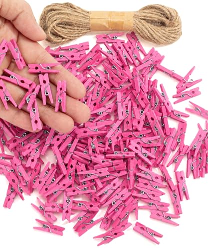 Mr. Pen- Mini Wooden Clothes Pins for Photo, 1 Inch, 200 Pack | Pink Small Clothespins with 10 Meter Jute Twine for Scrapbooking, Labeling Plants, Gift Tags, Tiny Crafts, Photo Display - color: Pink, size: 1 inch, 200 pcs