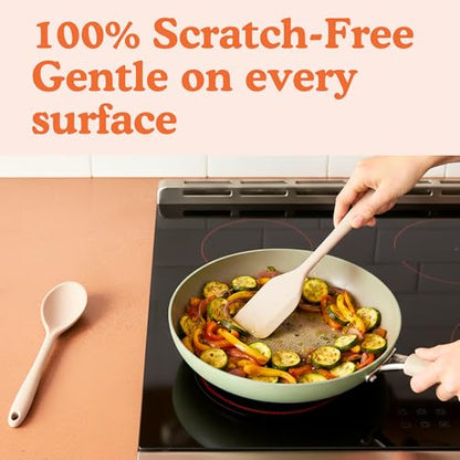 Non-Toxic Platinum Silicone Kitchen Utensil Set of 2 – Non-Scratch Cooking Spoon & Spatula, 100% Plastic Free, Stainless Steel Core, Heat Resistant 500°F, Beige