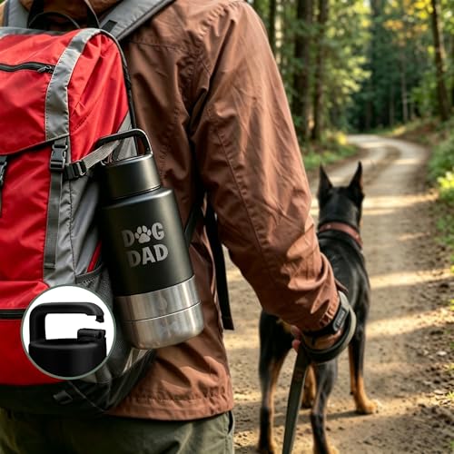 Dog Water Bottle 32oz, Insulated Stainless Steel Travel Water Dispenser with 2 Detachable Dog Bowls for Food and Water, Leak Proof Portable Pet Drinking Cup for Walking Hiking Camping - color: black dog dad