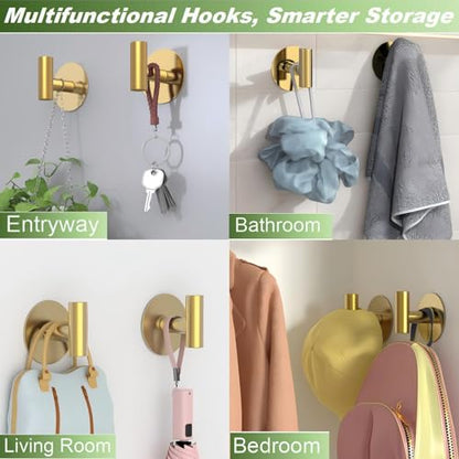 Gold Stainless Steel Wall Hooks, Heavy Duty Self-Adhesive Hooks for Coats, Towels, Robes, Hats, Aprons – No Drill Bathroom, Kitchen, Hotel (4 Pack) - color: Gold, size: Adhesive "T" Shape- 4 Pack