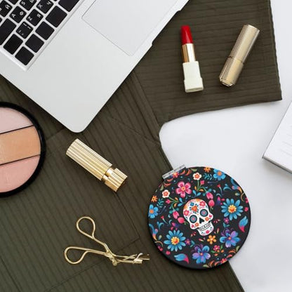 Mexican Sugar Skulls Flowers Print Foldable Travel Pocket Mirror Round PU Leather Portable Mini Makeup Double Sided Handheld Magnifying,2.6 in - color: Mexican Sugar Skulls Flowers