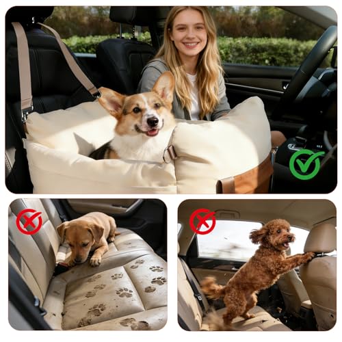 Dog Car Seats for Small Dogs, Waterproof Puppy Car Seat with Side Handles and Large Pockets, Clip-On Safety Leash and PP Cotton Filling, Pet Booster Seat for Small Dog up to 25lbs (Apricot) - color: Apricot