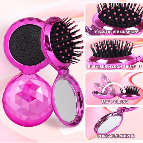 Shinning Diamond Design Folding Hair Brush Travel Hairbrush with Mirror,Pocket Foldable Comb Compact Brush for Purse for Girls and Women (Violet) - color: Diamond Violet