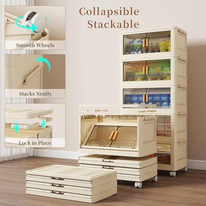 5 Tier Stackable Plastic Storage Bins with Lids 48QT, Collapsible Closet Organizers and Storage with Wheels for Living Room,Office,Dorm - size: 48Qt-5pack