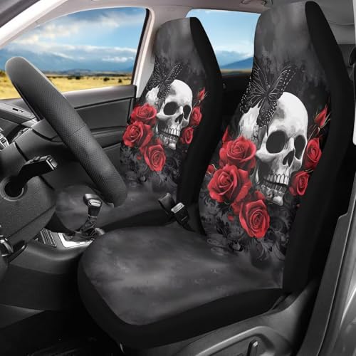 Bulopur Gothic Skull Automotive Seat Covers & Accessories Comfortable Car Seat Covers Set Breathable Stretchy Cloth Bucket Cushion Cover Halloween Car Decor - color: Butterfly Gothic Skull and Red Rose