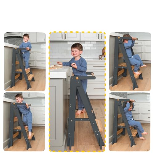 OCODILE Adjustable Foldable Toddler Tower – Folding Tower for Kids | Montessori Toddler Kitchen Step Stool Helper for Independence - Gray - color: 1 - Gray