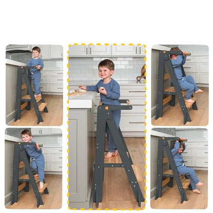 OCODILE Adjustable Foldable Toddler Tower – Folding Tower for Kids | Montessori Toddler Kitchen Step Stool Helper for Independence - Gray - color: 1 - Gray