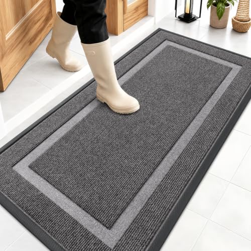 OLANLY Front Door Mat Indoor Outdoor Entrance, Waterproof All-Season, All-Weather Doormat, Sturdy Natural Rubber, Fade Resistant, Low Profile, Easy Clean Patio Porch Entryway Mat, 47x23, Dark Grey - color: Dark Grey, size: 47" x 23"